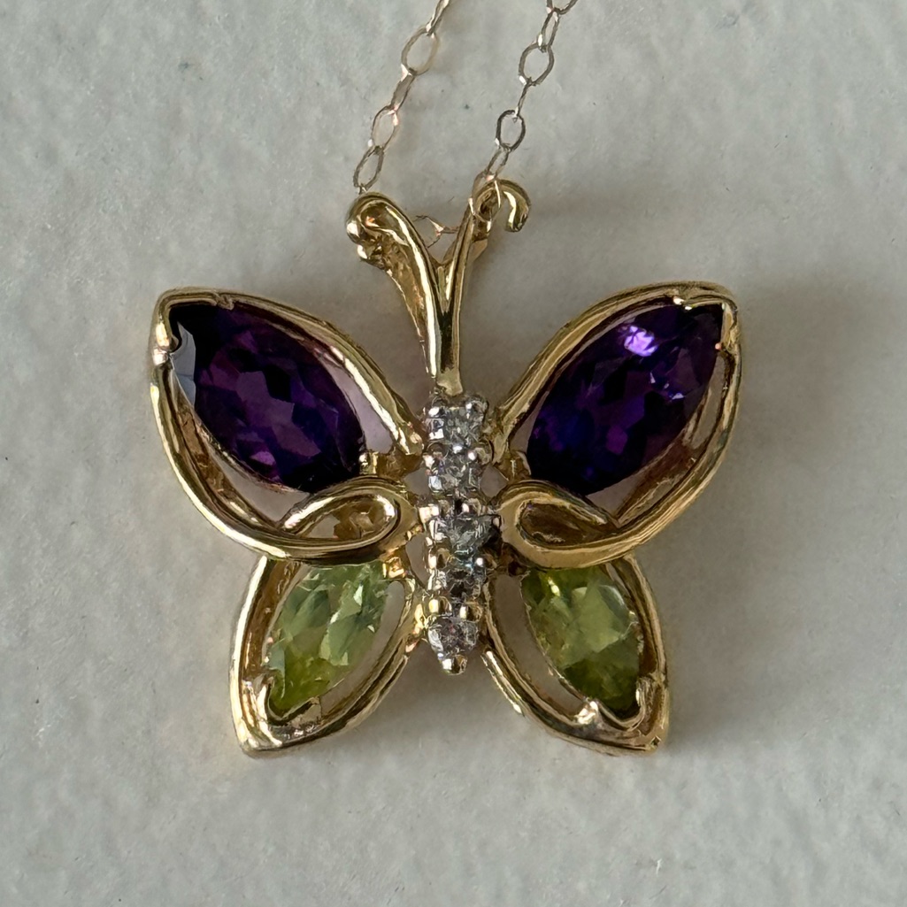 14k Solid Gold Butterfly Pendant Genuine Gemstones  Natural Diamonds